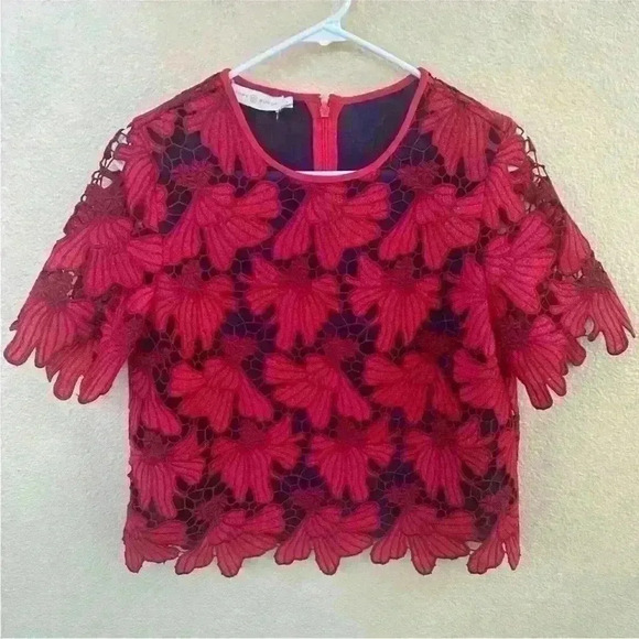Tory Burch "Nicola" Red Lace With Blue Underlay Top Size 4 EUC!! - Picture 6 of 9